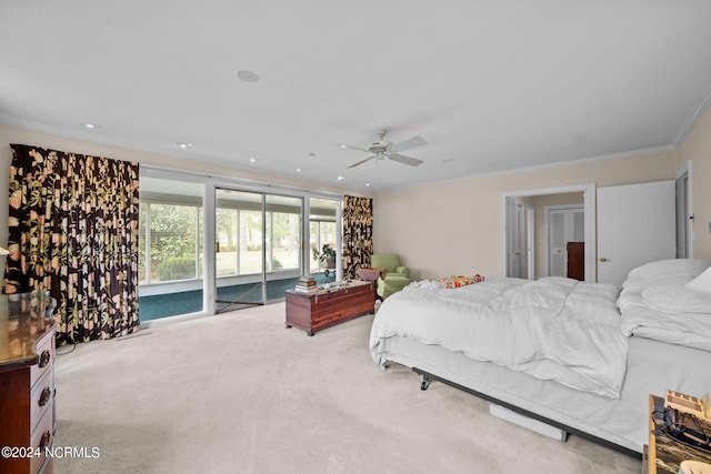 bedroom featuring crown molding, ceiling fan, access to outside, and light carpet