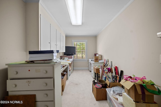 carpeted office space featuring ornamental molding