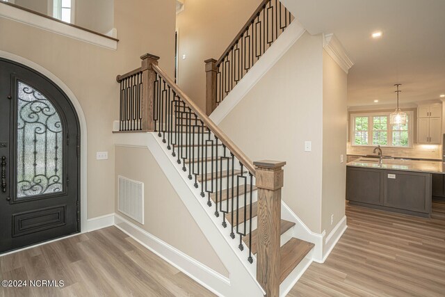 entrance foyer with sink and light wood-type flooring