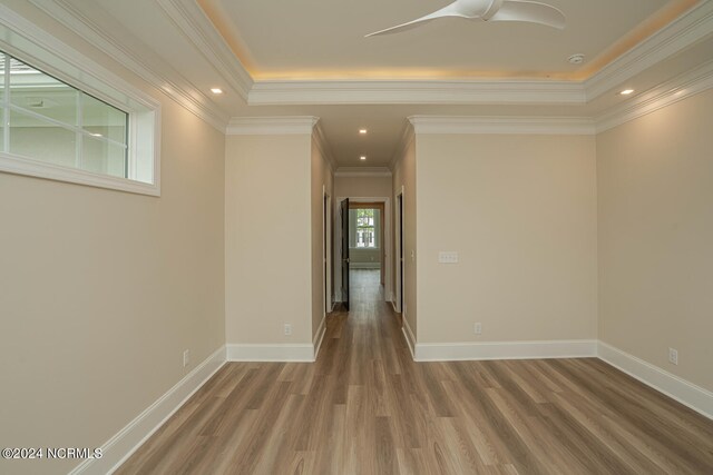 spare room featuring ceiling fan, a raised ceiling, ornamental molding, and wood-type flooring