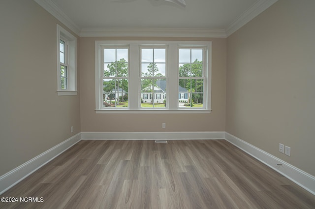 spare room with ornamental molding, a wealth of natural light, and baseboards