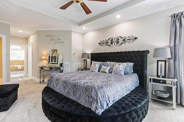 bedroom featuring ceiling fan, crown molding, and light carpet