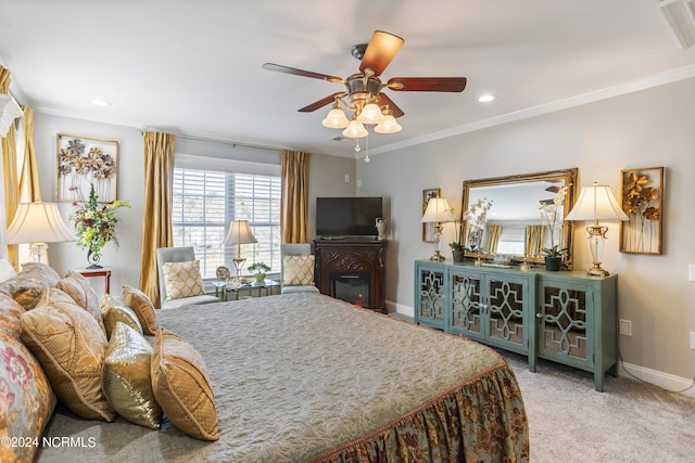 bedroom featuring ceiling fan, ornamental molding, and light carpet