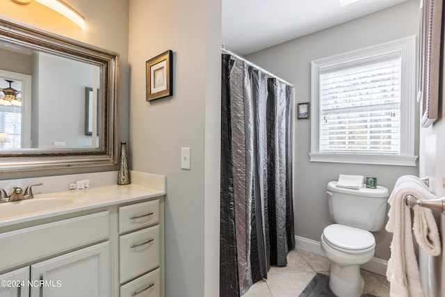 bathroom featuring tile flooring, toilet, and vanity