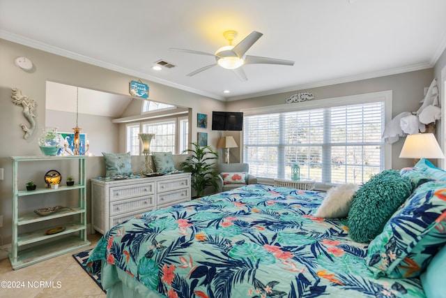 tiled bedroom with crown molding, multiple windows, and ceiling fan with notable chandelier