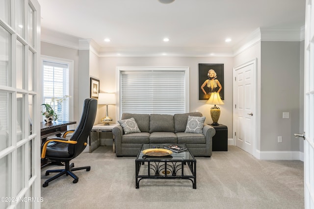 carpeted living room featuring ornamental molding and french doors