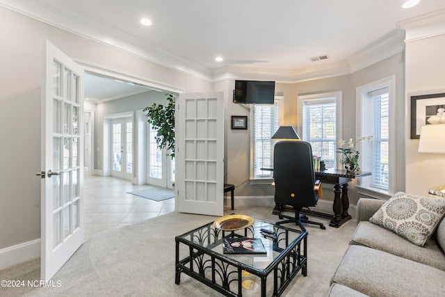 carpeted living room featuring french doors and crown molding