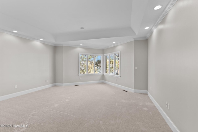 carpeted empty room with a tray ceiling and ornamental molding