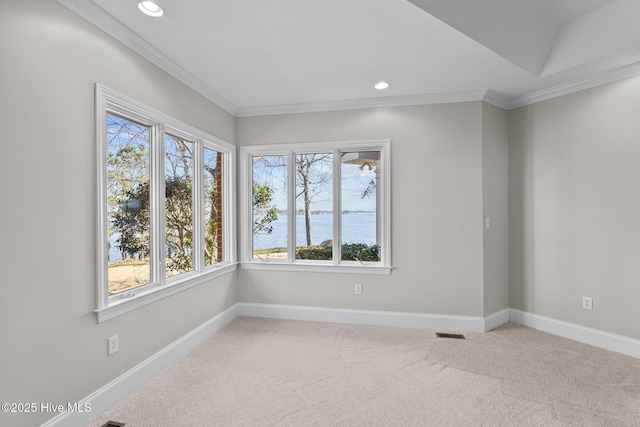 carpeted spare room with a water view and ornamental molding