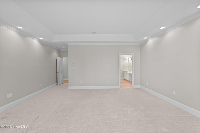 spare room with a tray ceiling, crown molding, and light carpet