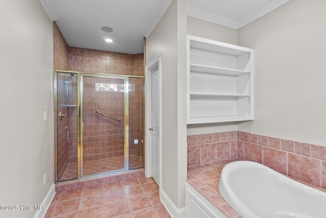 bedroom with a water view, carpet floors, and ornamental molding