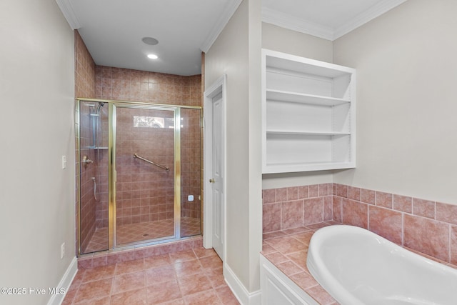 bathroom featuring independent shower and bath, crown molding, and tile patterned floors