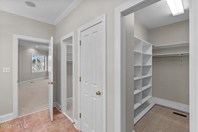 carpeted bedroom with a tray ceiling and crown molding