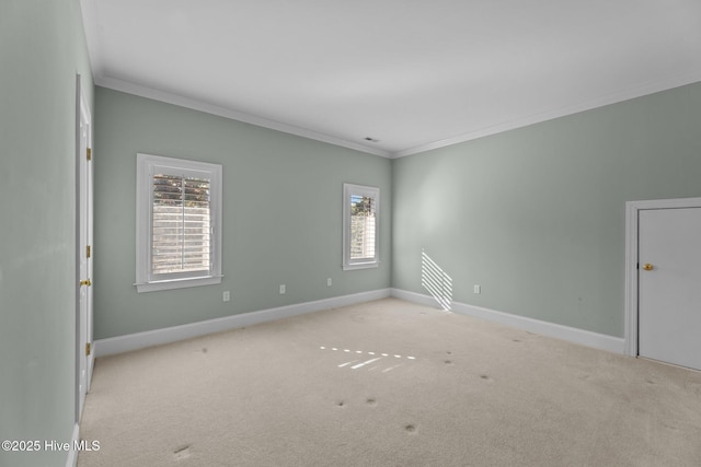 unfurnished room featuring light carpet and crown molding