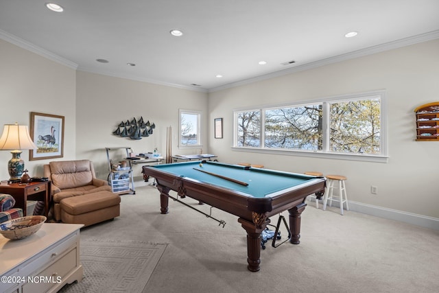 rec room featuring light carpet, crown molding, and pool table