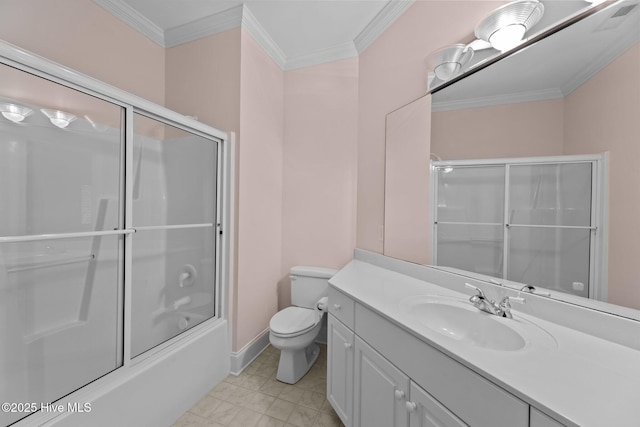 full bathroom featuring vanity, bath / shower combo with glass door, crown molding, and toilet