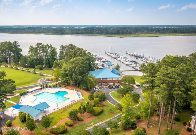 drone / aerial view featuring a water view