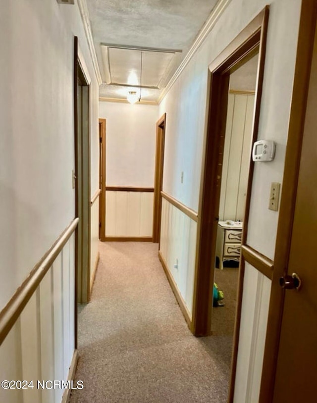 hallway featuring light carpet and crown molding