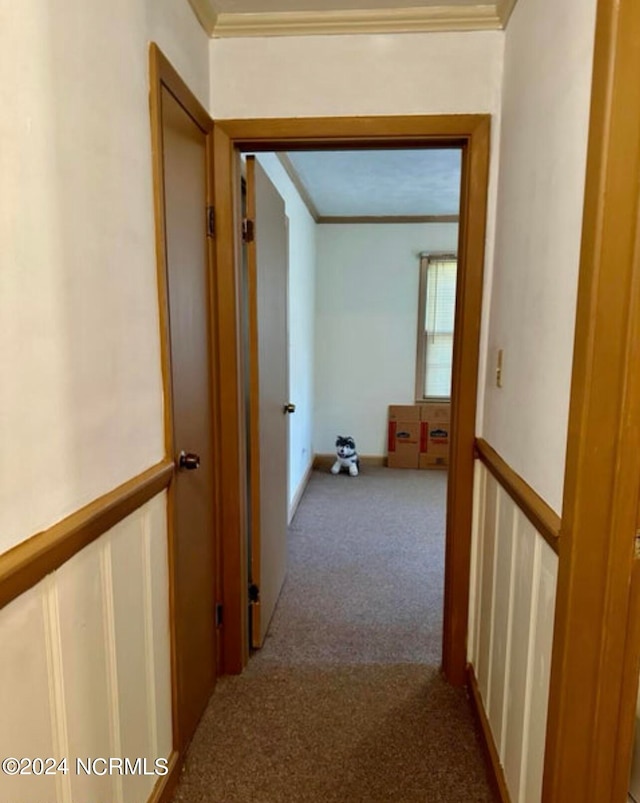 hall featuring ornamental molding and carpet