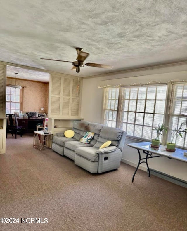 living room with carpet floors, ceiling fan, and a textured ceiling