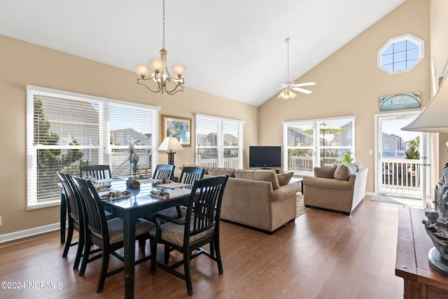 dining room with high vaulted ceiling, baseboards, wood finished floors, and ceiling fan with notable chandelier