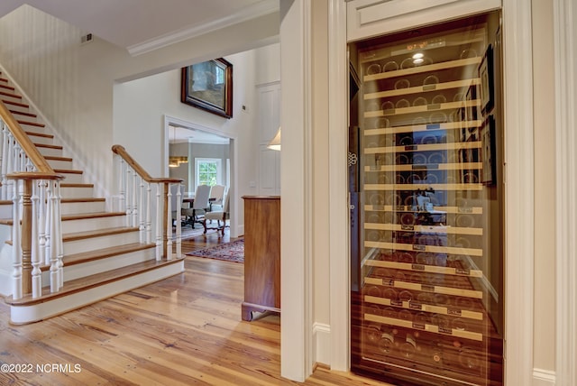 wine room featuring ornamental molding and light wood-type flooring