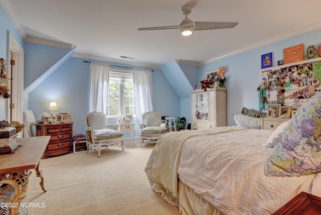 bedroom with crown molding, ceiling fan, lofted ceiling, and light colored carpet