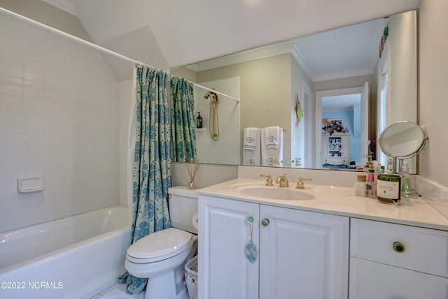 full bathroom with shower / tub combo, ornamental molding, toilet, and vanity with extensive cabinet space