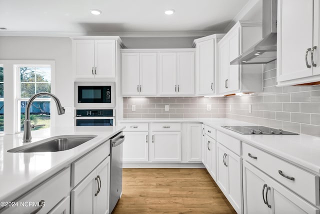 kitchen featuring white cabinets, wall chimney range hood, sink, appliances with stainless steel finishes, and light hardwood / wood-style floors