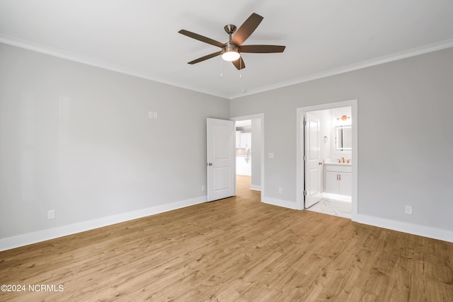 unfurnished bedroom with sink, ensuite bath, light wood-type flooring, ornamental molding, and ceiling fan