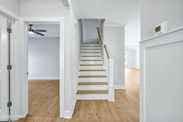 stairs with hardwood / wood-style flooring, ceiling fan, and ornamental molding