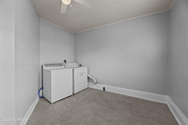 clothes washing area with crown molding, washer and clothes dryer, ceiling fan, and light tile floors