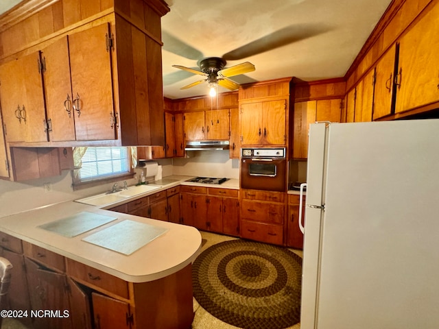 kitchen with white appliances, ceiling fan, and sink