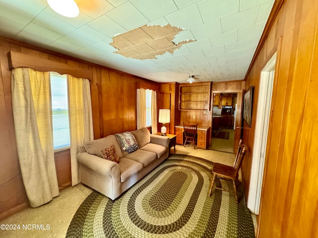 carpeted living room with wood walls