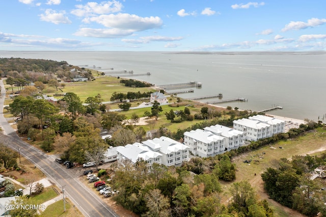 drone / aerial view with a water view