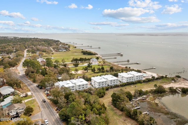 drone / aerial view with a water view