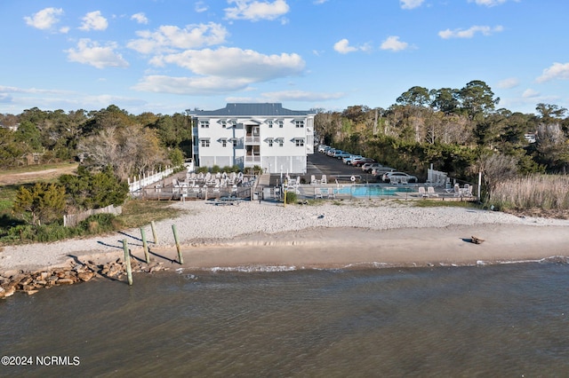 exterior space with a water view