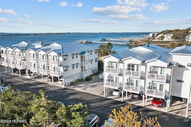 aerial view featuring a water view