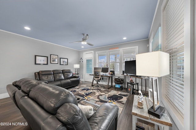 living room featuring crown molding, wood-type flooring, and ceiling fan