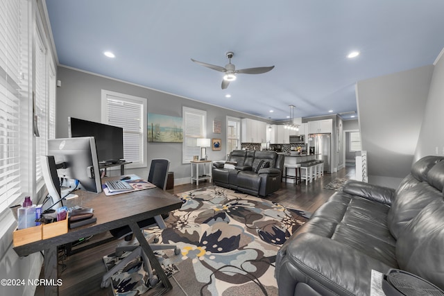 interior space featuring plenty of natural light, ornamental molding, dark hardwood / wood-style flooring, and ceiling fan