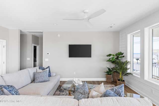 living room with hardwood / wood-style flooring and ceiling fan