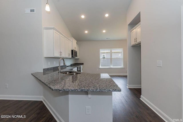 kitchen with appliances with stainless steel finishes, dark stone counters, dark wood-type flooring, white cabinetry, and recessed lighting