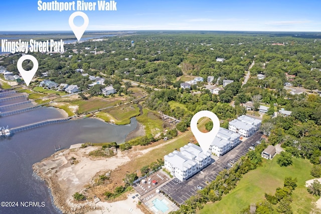 birds eye view of property featuring a water view