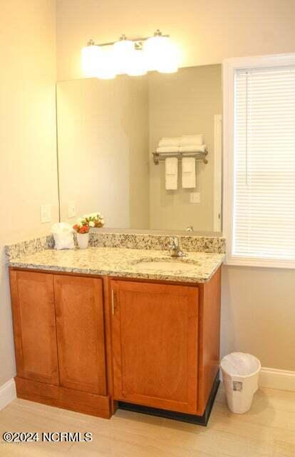 bathroom with vanity and hardwood / wood-style flooring