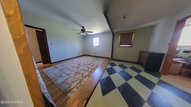 empty room with plenty of natural light, light hardwood / wood-style floors, and ceiling fan