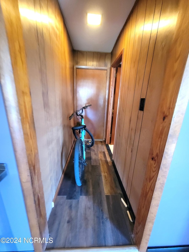 hall featuring wood walls and dark hardwood / wood-style flooring