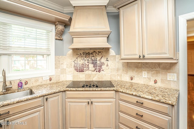 kitchen featuring black electric stovetop, backsplash, sink, and custom exhaust hood