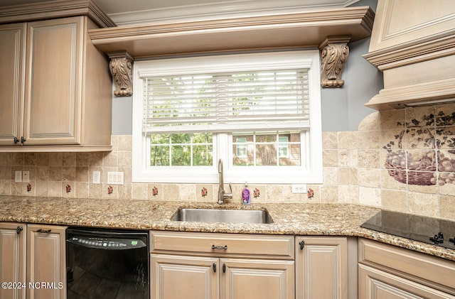 kitchen with backsplash, black dishwasher, sink, and light stone counters