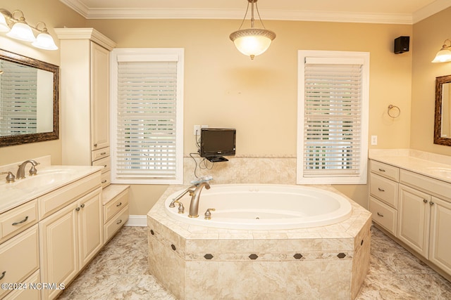 bathroom featuring vanity, a relaxing tiled tub, and ornamental molding