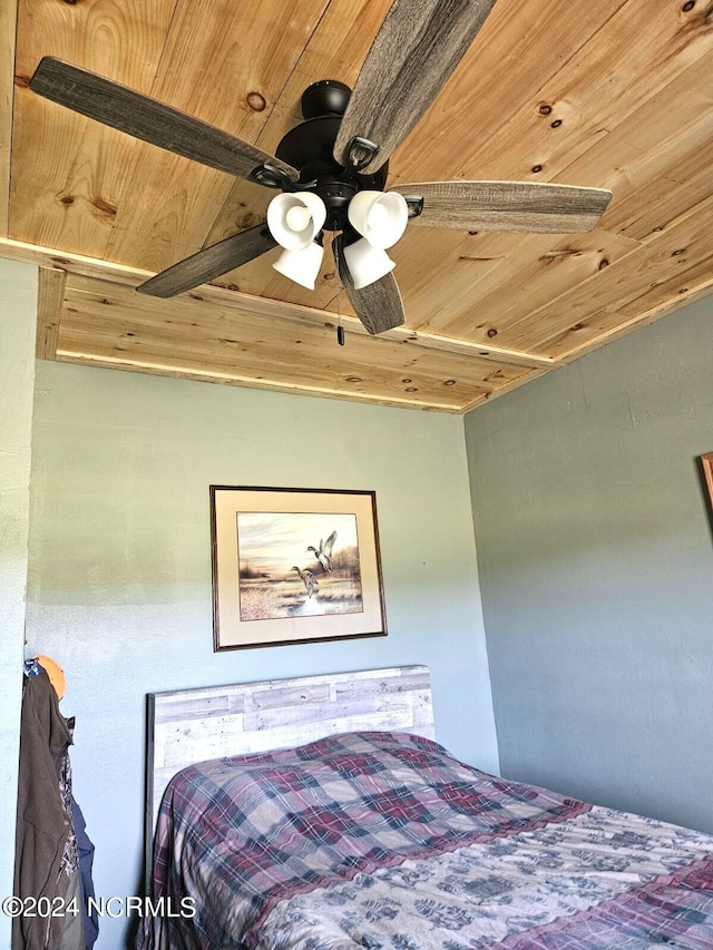 bedroom with wooden ceiling and ceiling fan